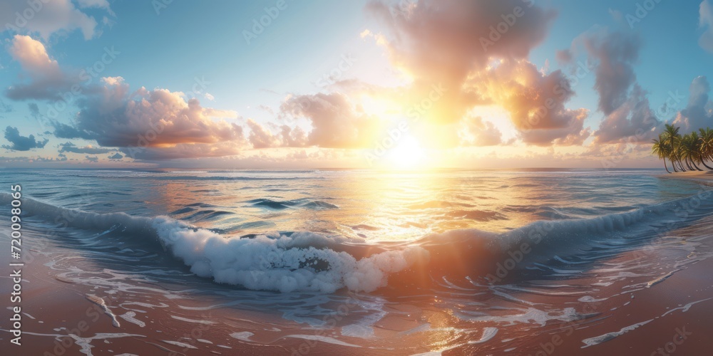 The sea with waves crashing on the shore. The waves are crashing against the sand, and the sun is shining through the clouds. The sky is blue and sunny, and there are white clouds in the sky