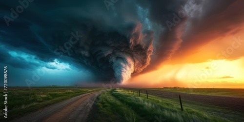 Powerful tornado and supercell thunder storm passing through some isolated countryside at sunset