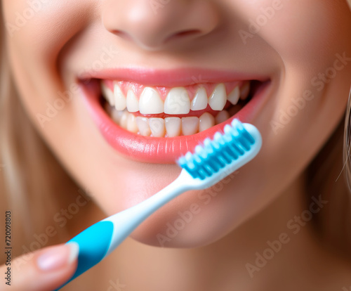 Close up of a woman with a bright white smile holding a toothbrush. Concept of oral hygiene and clean teeth.