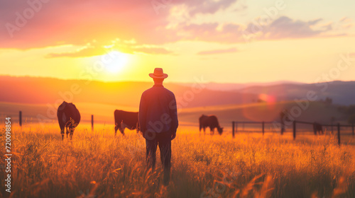 Farmer watching his cattle on the ranch pastures at sunset, pastoral scenery. 