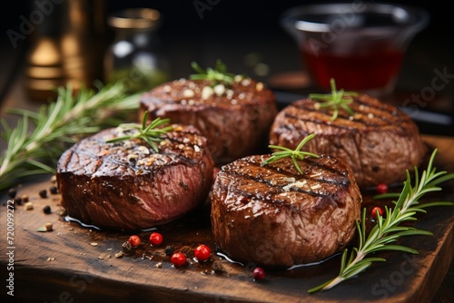 detailed description of a juicy beef steak with vegetables and spices