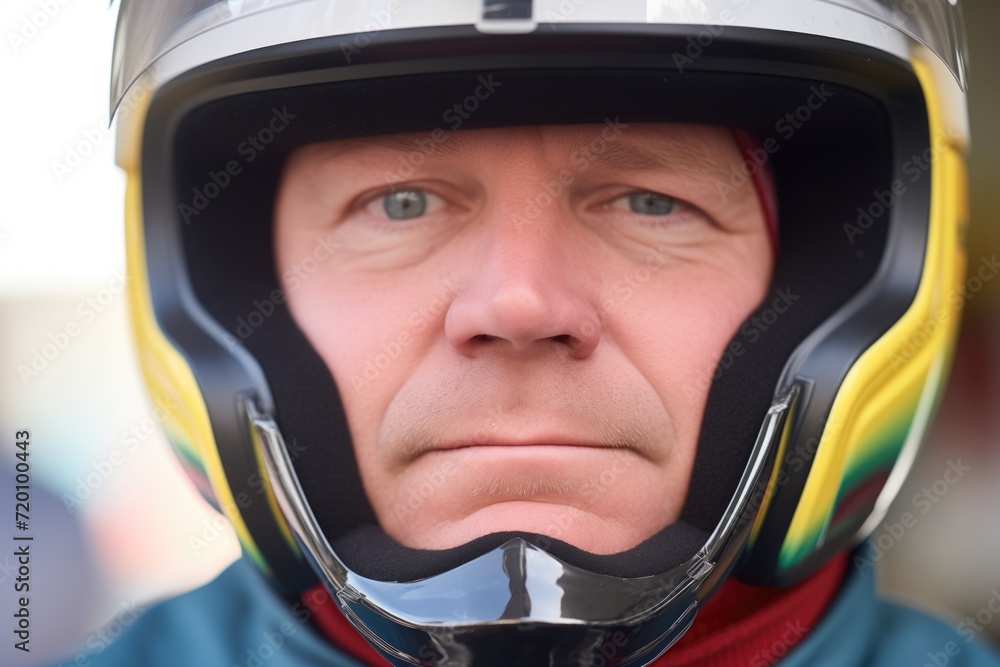 closeup of aggressive bobsled pilot face under visor closeup of aggressive bobsled pilot face under visor