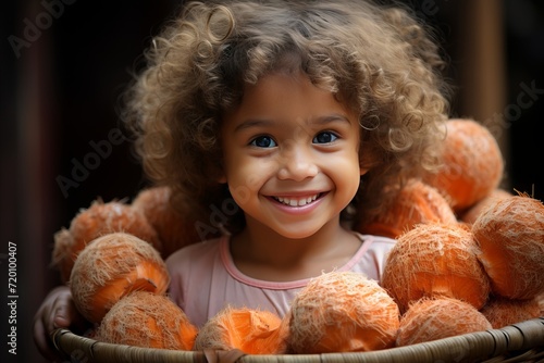 Cute little girl with tangerines in basket on dark background