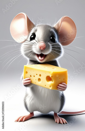 funny character, cute smiling mouse with big ears holding piece of cheese on bright background.