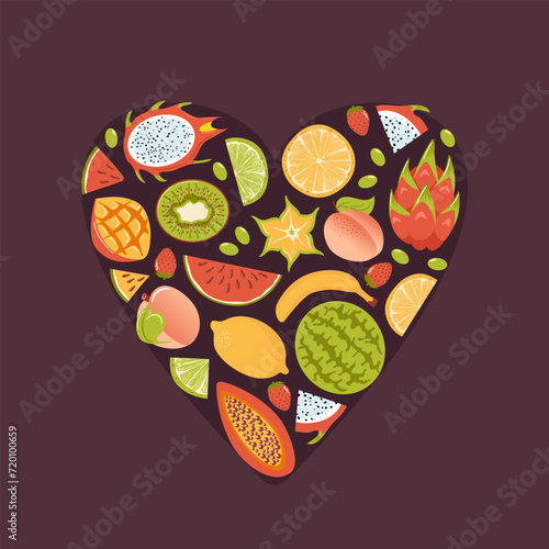 Heart of exotic tropical fruits, cartoon style. Fresh lemon, lime wedges, watermelon, pitahaya dragon, star fruit, papaya, mango and kiwi, strawberry. Healthy food. Peach Fuzz. Veganuary, vegan day.