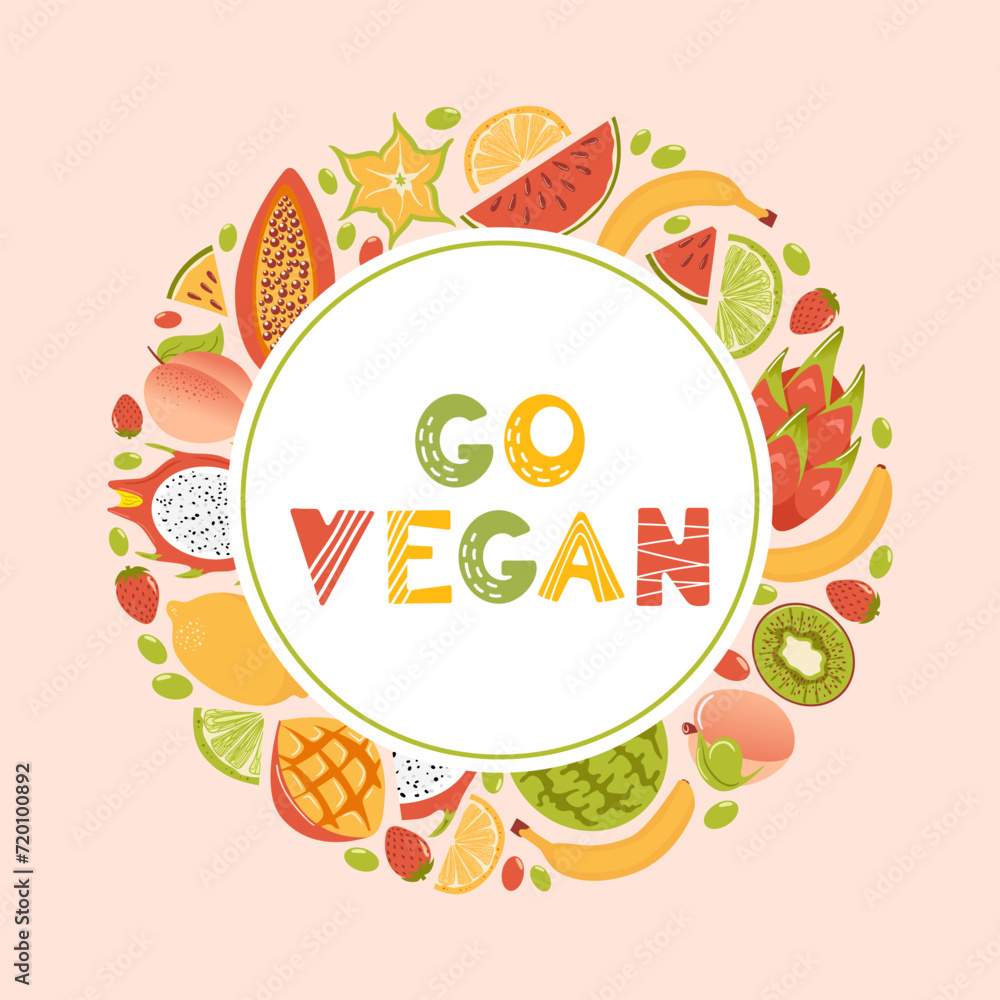 Go vegan. Banner in cartoon style. A frame of fresh tropical exotic fruits, harvesting. Fresh lemon, lime wedges, watermelon, pitahaya dragon, star fruit, papaya, mango and kiwi
