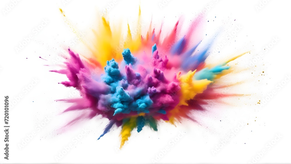 Multicolored explosion of rainbow holi powder paint isolated on white background.