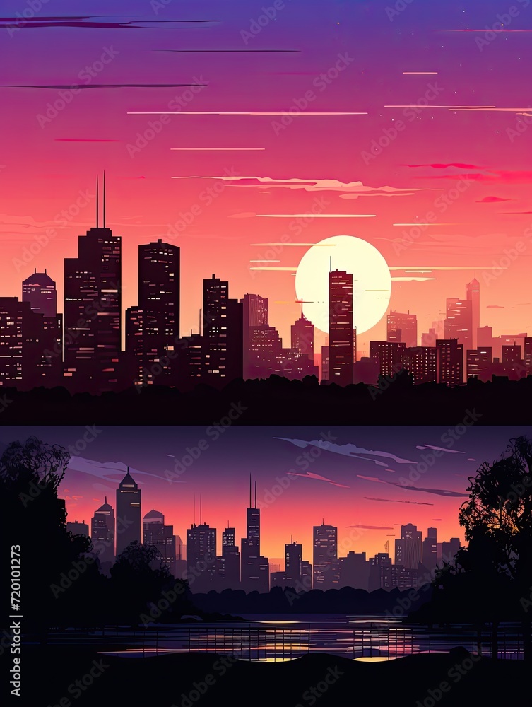 Ethereal Twilight: Captivating City Skyline Silhouettes and Nightfall Scenes.