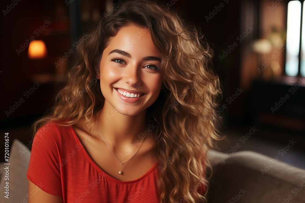 Portrait of a beautiful young woman sitting in a cafe and smiling