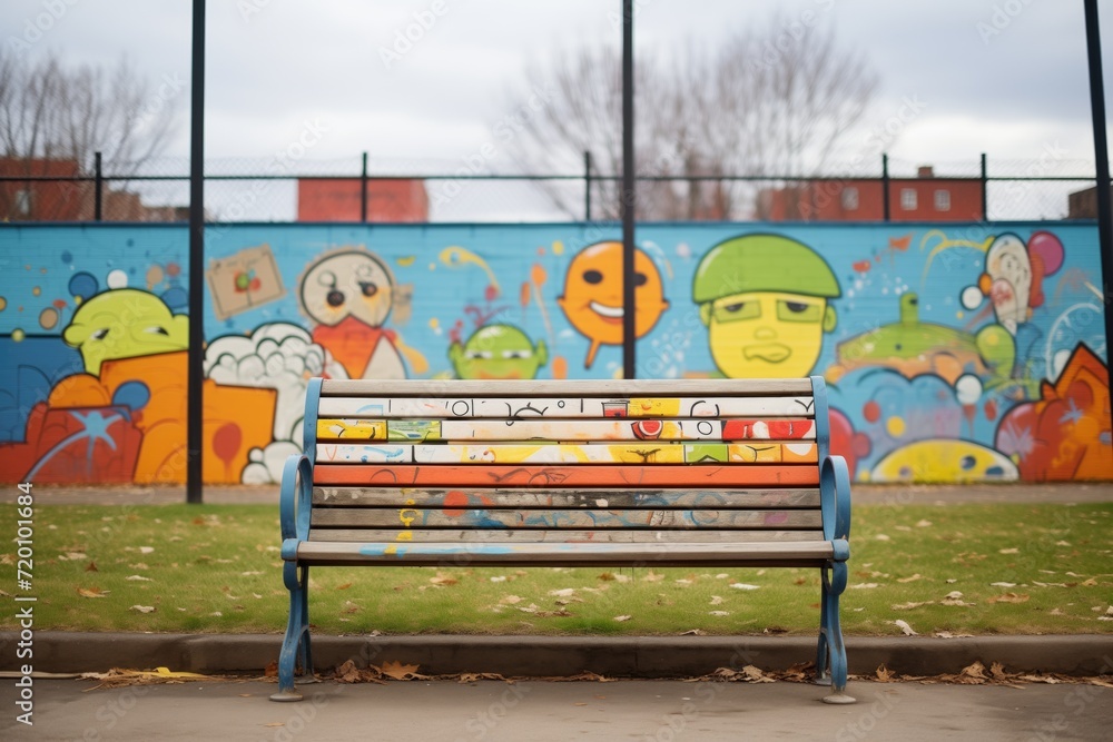 Naklejka premium urban park bench near a fence with graffiti patterns