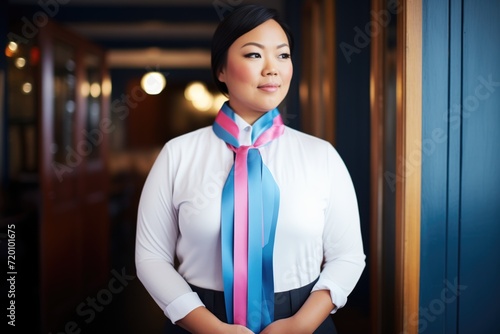 momtobe wearing a sash with blue and pink ribbons photo