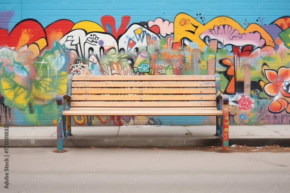 Naklejka premium urban park bench near a fence with graffiti patterns