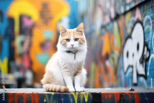 cat sitting nonchalantly in front of bright graffiti photo