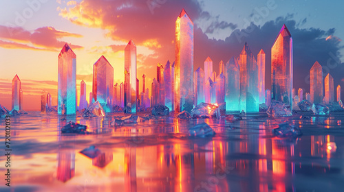 A surreal cityscape with buildings made of crystal, reflecting a kaleidoscope of colors against a twilight sky.