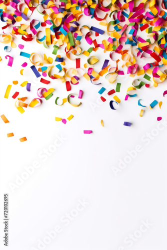 Colorful confetti background, top view