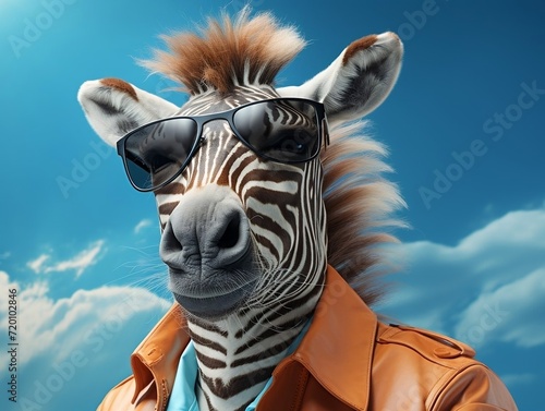 Zebra wearing sunglasses on light blue sky background