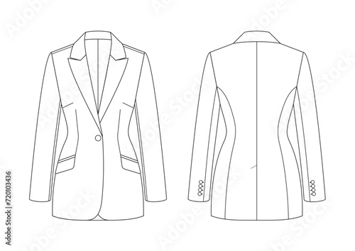 Vector fashion technical drawing of a cinched blazer with front and back view. Peak lapel. One button. Slanted pockets. Single vent. Woven fabric.