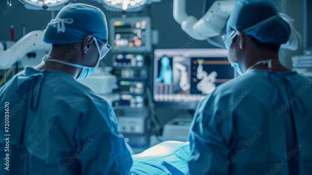 Surgeons Observing High-Precision Programmable Automated Robot Arms Operating Patient In High-Tech Hospital,generative ai Surgeons Observing High-Precision Programmable Automated Robot Arms Operating Patient In High-Tech Hospital,generative ai