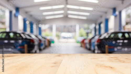 Wallpaper Mural Empty wood table with car service center auto repair workshop blurred background Torontodigital.ca