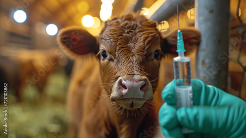Veterinarian holds a syringe with vaccine on the background of a dairy cow in a cow barn ,generative ai photo
