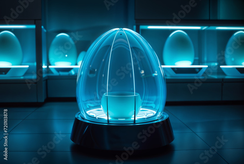 transparent egg-shaped capsule in a futuristic interior photo