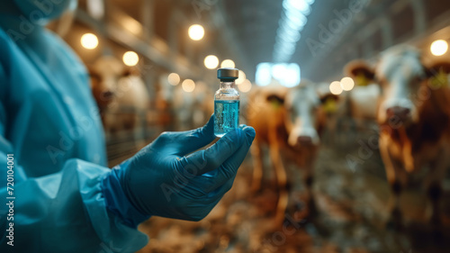Veterinarian holds a syringe with vaccine on the background of a dairy cow in a cow barn ,generative ai