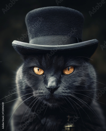 Black cat wearing a top hat. A mysterious black cat with piercing green eyes dons a sleek fedora  adding an air of sophistication to its already charming and enigmatic presence