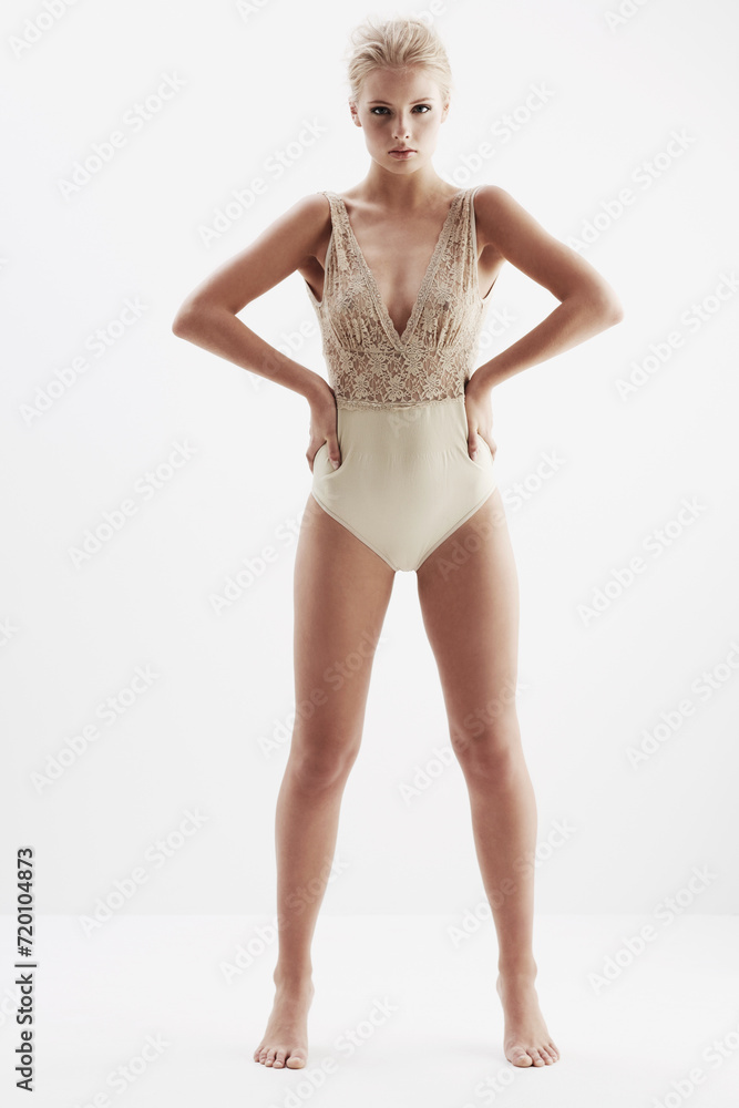 Portrait, aesthetic and lingerie with natural model in studio isolated on white background for feminine style. Beauty, wellness and body of confident young blonde woman in underwear for fashion Portrait, aesthetic and lingerie with natural model in studio isolated on white background for feminine style. Beauty, wellness and body of confident young blonde woman in underwear for fashion