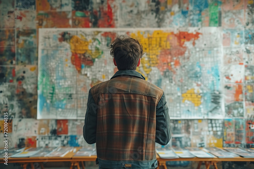 Young man is looking at a colorful map