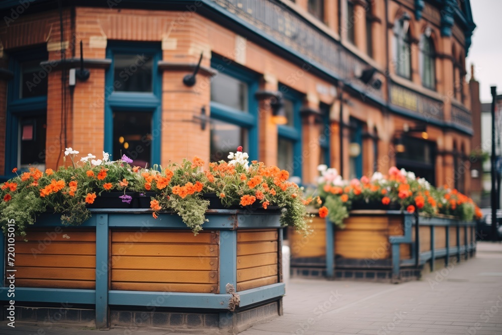 classic red brick pub exterior with flower boxes