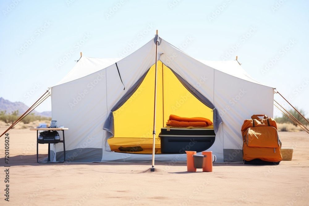 spacious canvas tent with a bed inside, desert backdrop