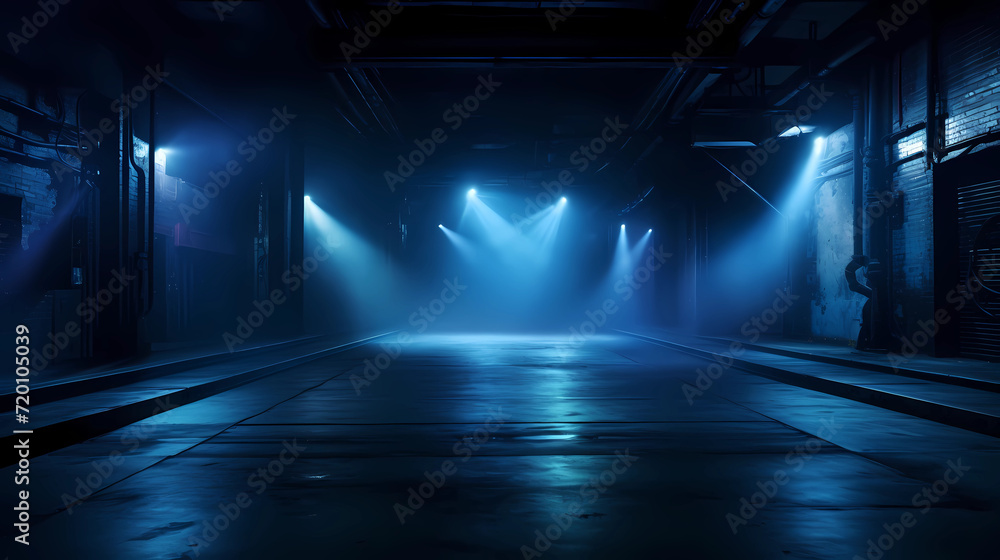 A dark empty street, dark blue background, an empty dark scene, neon light, spotlights The asphalt floor and studio room with smoke float up the interior texture. night view 
