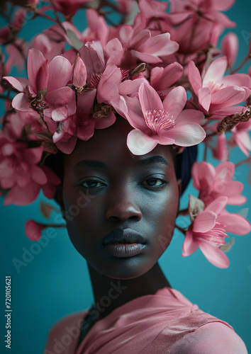 Woman with flowers on her head. A stunning portrait of a girl with a human face adorned with vibrant blossoms and delicate petals, exuding a unique sense of fashion and natural beauty