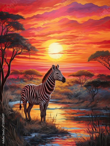 Vibrant African Safari Animals Dawn Painting  Sunrise over Savannah