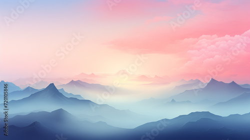 Watercolor Landscape Illustration: Nature Wallpaper Featuring a Sunrise Above Mountain Peaks, Sky Painted in Shades of Pink, and Ethereal Blue Mountains