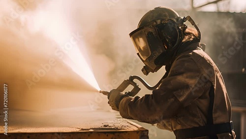A side profile of the sandblaster, their hand gripping the sandblasting nozzle as they aim it at a surface. photo