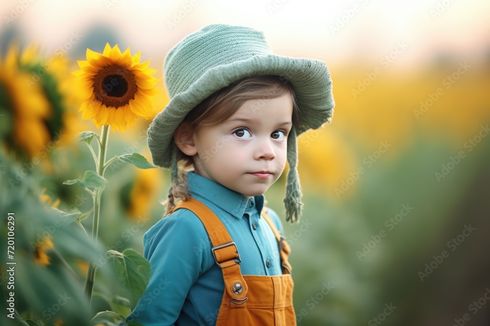 child with a sunflower hat standing admiringly in the field child with a sunflower hat standing admiringly in the field