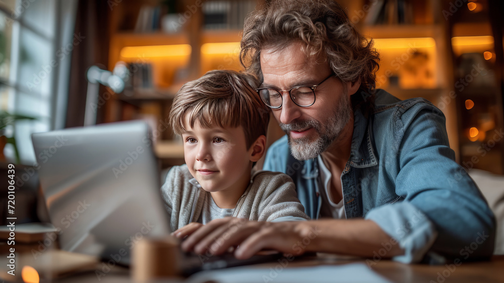 Father and son doing homework with laptop at home. generative ai Father and son doing homework with laptop at home. generative ai