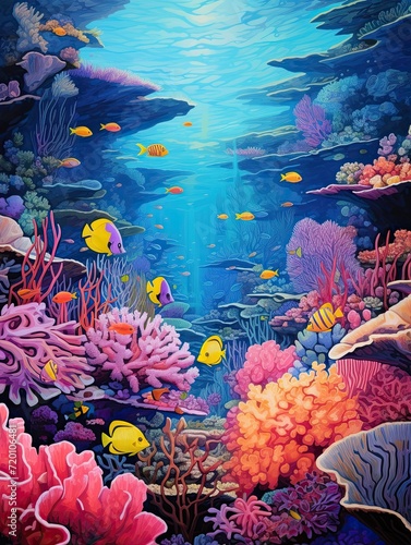 Vibrant Coral and Fish Scenes at First Light  Dawn Painting of Lively Coral Reefs