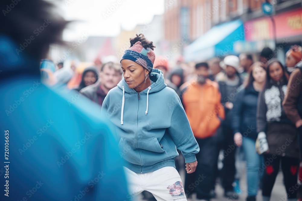 street dancer midmove with onlookers watching street dancer midmove with onlookers watching