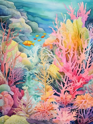 Vibrant Coral and Fish Scenes: A Dazzling Watercolor Ocean Landscape