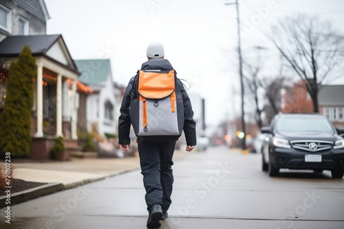 delivery person walking with insulated bag in city