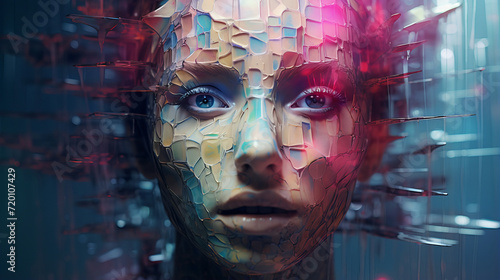 Girl face disintegrates into little fragments symbolizes psychological instability, anxiety and loss of self awareness, face reflects complexities associated with depression and bipolar disorder
