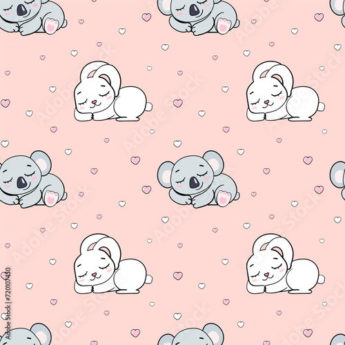 sleeping rabbit koala on pink background for girls with hearts seamless endless pattern vector illustration