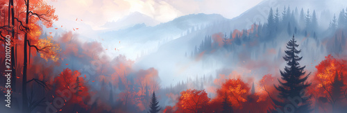 Autumn Whisper: Misty Forest Canopy with Warm Fall Colors Ideal for Seasonal Themes and Atmospheric Art photo