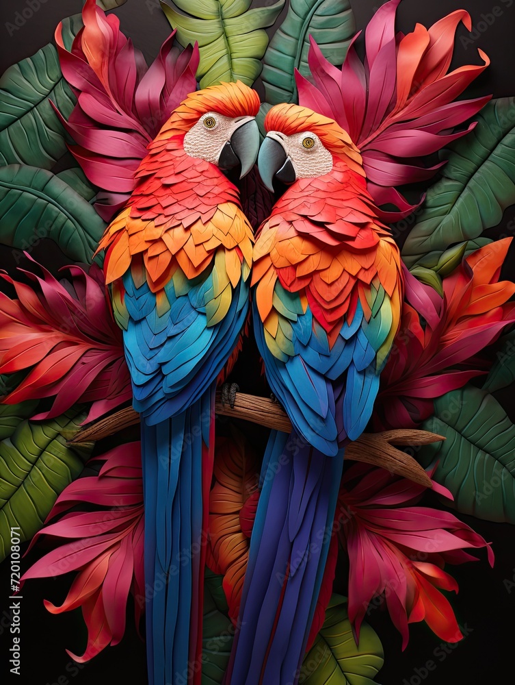Fototapeta premium Vibrant Tropical Birds Wall Art and Colorful Feathers Display