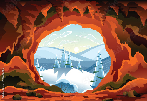 Cave landscape. Winter nature scene of cave entrance. Prehistoric dungeon, rock cavern game illustration. Vector illustration of tunnel in mountain or mine in rocks