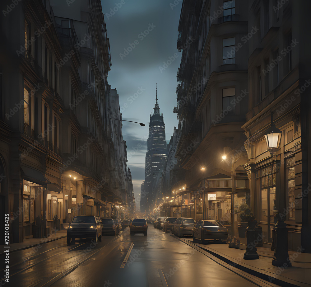  a realistic urban scene at dusk, highlighting the interplay of city lights and shadows on bustling streets