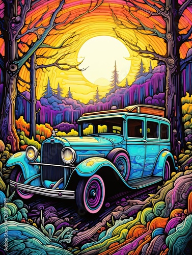 Vintage Hot Rod Sketches: Vibrant Landscape and Colorful Car Art photo