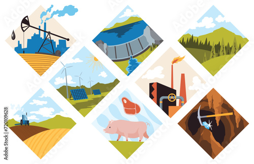 Collection of natural resources design. Vector illustration of types national treasure oil, gas, damond, ground, coal and sand, wood, pet animal, water, alternative technology